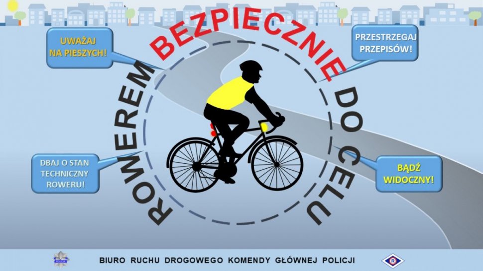 grafika przedstawiająca rysunek roweru na około napis rowerem bezpiecznie