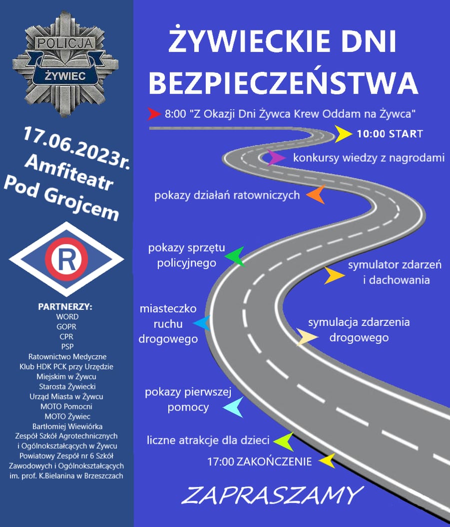 plakat imprezy z opisem atrakcji przewidzianych na imprezie oraz wymienionymi partnerami 