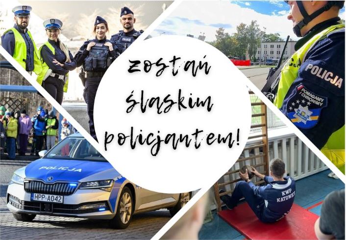 zdjęcie peomujące zawód policjanta podzielone na kilka części z których każda przedstawia inną sytuację związaną z policją