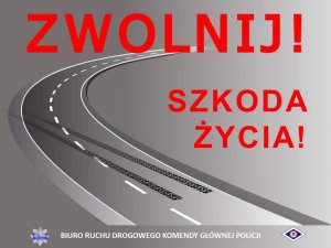 grafika poglądowa czerwony napis zwolnij szkoa życia w tle rysunek drogi