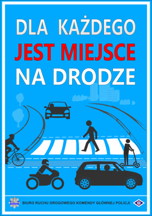 plakat promujący akcję tło niebieskie drukowanymi literami napis dla każdego jest miejsce na drodze pod napisem grafiki samochodu motocykla rowerzysty pieszego przechodzącego przez jezdnie