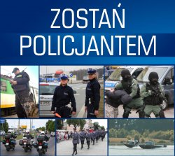 grafika poglądowa napis zostań policjantem poniżej zdjęcie policjantów w czasie różnych czynności służbowych