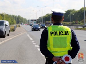 grafika poglądowa tyłem stoi policjant widoczny napis policja w tle droga