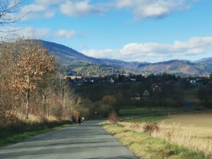 widać droge biegnących biegaczy w tle góry