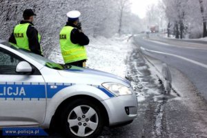 grafika poglądowa policjanci stoją obok radiowozu i dokonują pomiaru prędkości w tlre las i droga