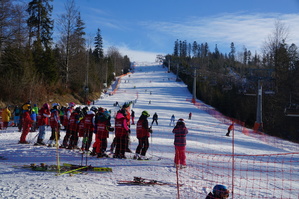 grupa narciarzy na tle stoku narciarskiego