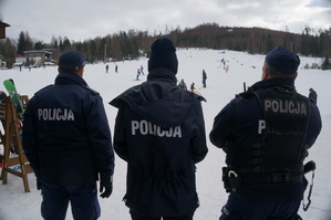 policjanci stoją tyłem w tle stok