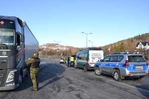 na poboczu zaparkowane samochody służbowe po drugiej stronie zaparkowany tir