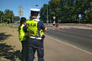 grafika poglądowa obok siebie stoi policjantka i policjant w tle ulica i przejście dla pieszych po którym przechodzi kobieta