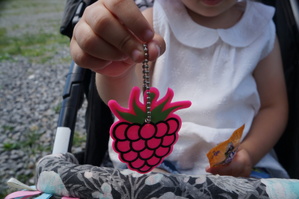 fragment dziecięcej dłoni trzymającej zawieszkę odblaskową w kształcie maliny