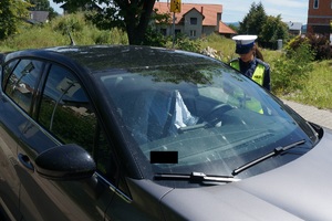 fragment samochodu i policjantki wręczającej kierowcy ulotki