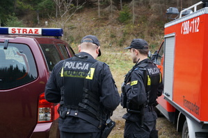 grafika poglądowa dwóch policjantów stoi obok wozów strażackich