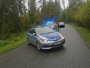 na drodze w lesie stoją dwa radiowozy oraz samochód osobowy obok stoi mężczyzna