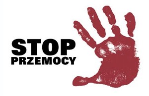 grafika poglądowa czarny napis stop przemocy i czerwona dłoń