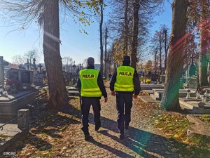 zdjęcie poglądowe policjanci idą przez cmentarz