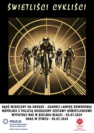 zdjęcie kolorowe poglądowe przedstawiające grafikę jadących rowerzystów