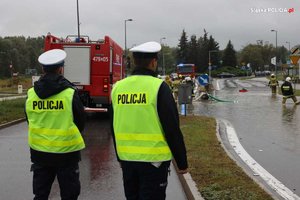 zdjęcie kolorowe policjanci stoją tyłem w tle ulica