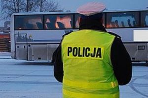 zdjęcie kolorowe poglądowe policjant stoi tyłem w tle autobus