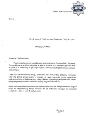 Treść podziękowań dla policjantów z Wydziału Prewencji Komendy Powiatowej Policji w Żywcu