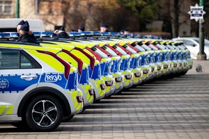 Oznakowane radiowozy policyjne zaparkowane obok siebie. Widoczne tyły radiowozów