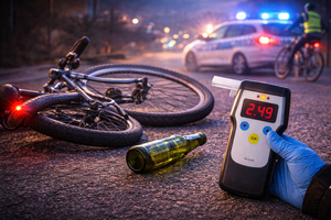 Zdjęcie przedstawia radiowóz, rower i leżącą na jezdni pusta butelkę koloru zielonego. Wygenerowane przez sztuczna inteligencję