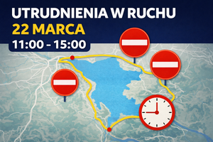 Zdjęcie przedstawia mapę rejonu przy jeziorze żywieckim z zaznaczoną trasa 25 półmaratonu. Na górze napis utrudnienia w ruchu 22 marca i godziny 11:00 do 15:00. Wygenerowano przez sztuczna inteligencję
