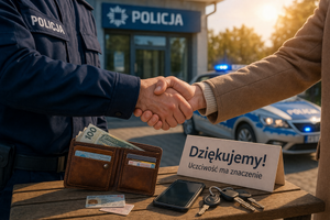 Zdjęcie przedstawia uścisk ręki policjanta i mężczyzny. Na stole znajdującym się na pierwszym planie leży portfel, dokumenty i kluczyki do samochodu. W tle budynek Komendy. 
Zdjęcie wygenerowane przez sztuczna inteligencję