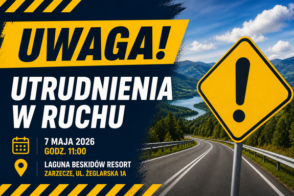 Zdjęcie przedstawia informację o wyścigu kolarskim: godzina rozpoczęcia 11:00, napis utrudnienia w ruchu, oraz wskazane miejsce: Zarzecze, Laguna Beskidów Resort, ul. Żeglarska 1a.
Zdjęcie wygenerowane przez sztuczną inteligencję